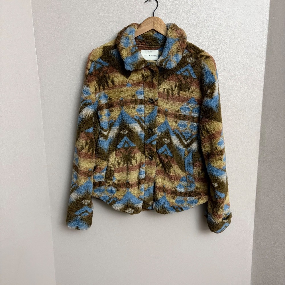 Lucky Brand Jacket Small Southwestern Aztec Sherpa Fleece Button Up Blue Brown